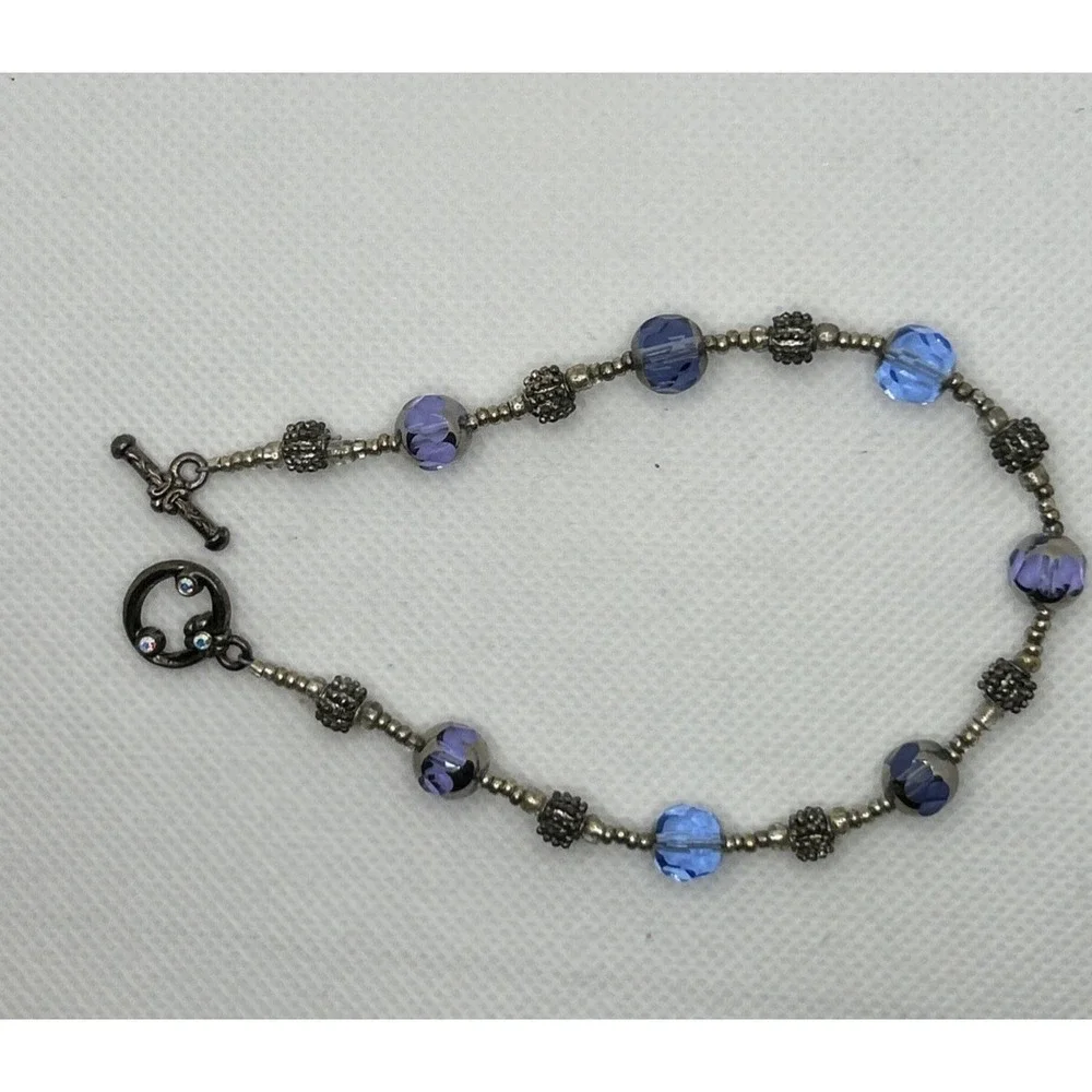 Blue Purple  Faceted Glass Beaded‎ Bracelet Toggle Clasp Vtg StyIe 7.75 in